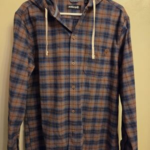 Solaris Blue and Brown Plaid Button-Down Shirt With Hoodie.